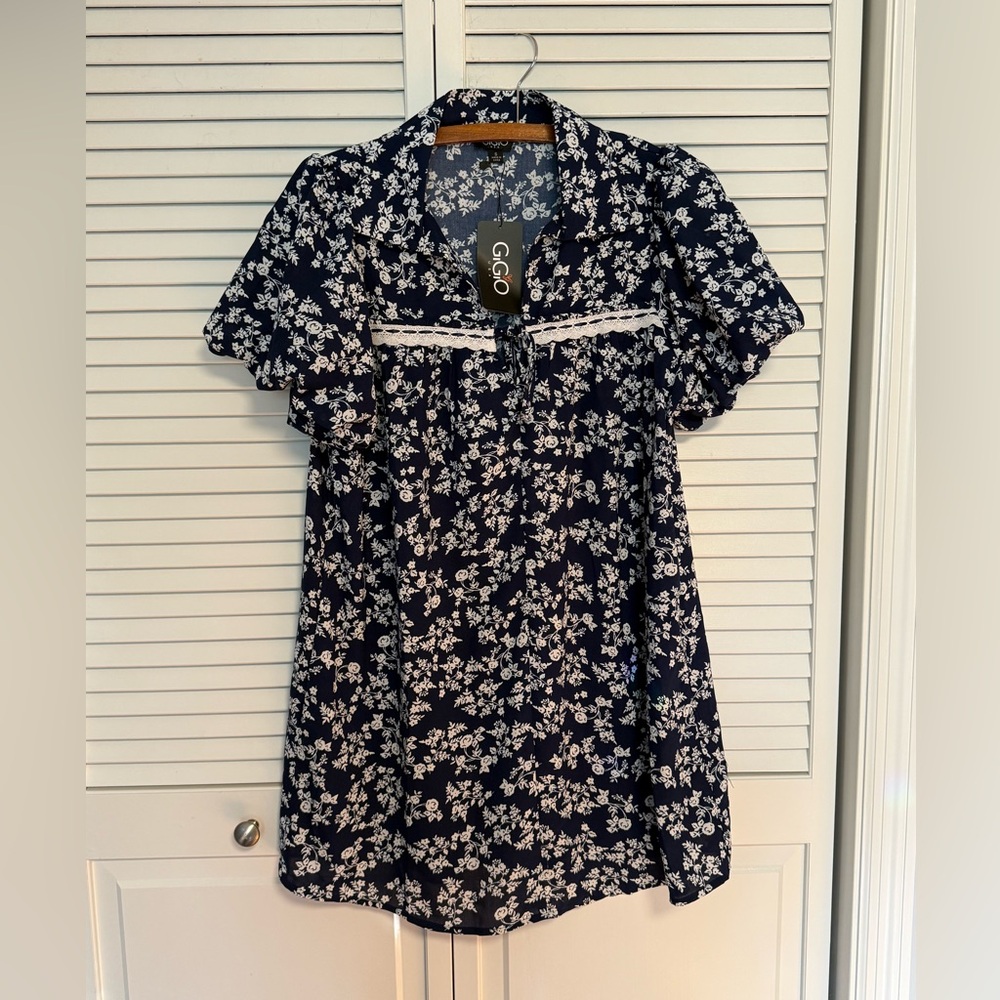Gigio Navy Floral Short Sleeve Babydoll Dress